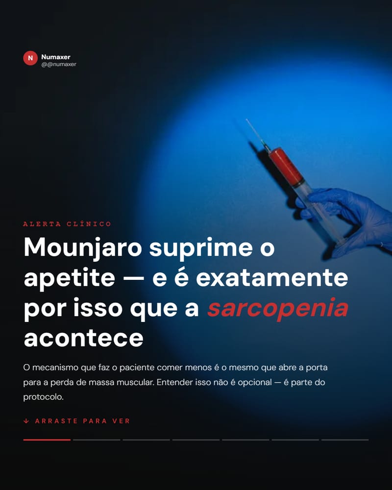 Carrossel pronto com alerta clinico sobre Mounjaro e sarcopenia, gerado no Nupost